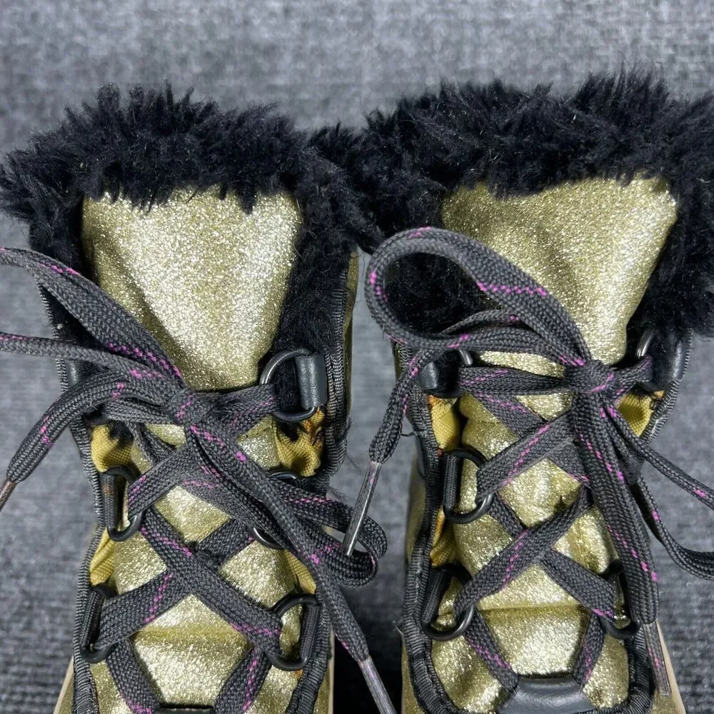 Sorel Tivoli II Girls Snow Winter Boots Size 10 Gold Glitter Waterproof Faux Fur